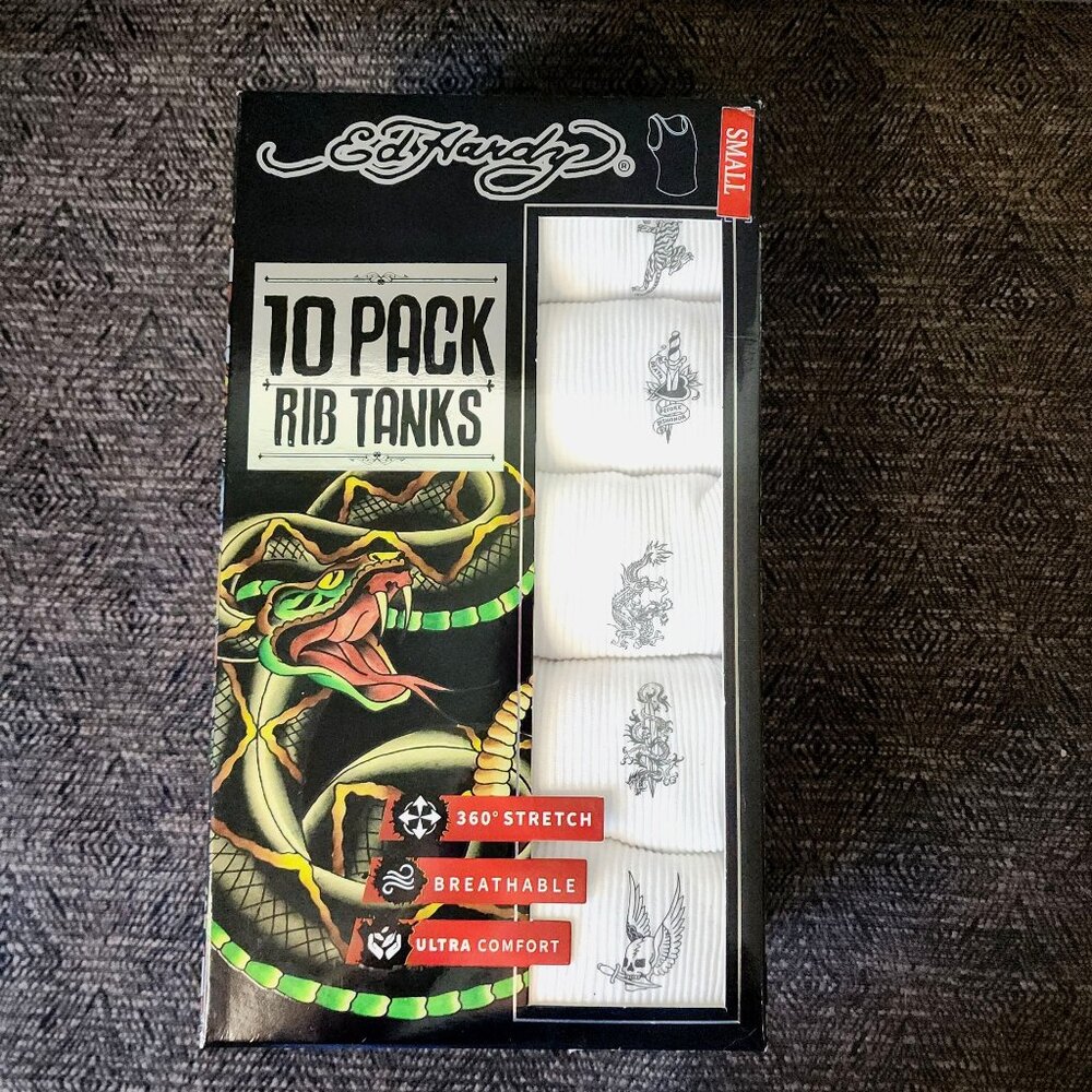 Ed Hardy 10-Pack Ultra Comfort Rib Tanks Small With Tattoo-Inspired Dragon Tiger